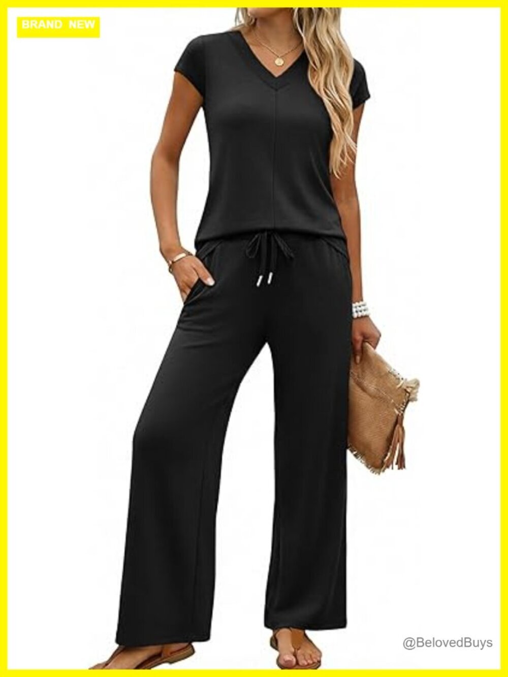Two Piece Lounge Set V Neck Cap Sleeve Top Wide Leg Pants Side Slit